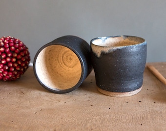 Small cup for coffee, Unique rustic mug, Handmade tumbler, Danish cup, Scandinavian hygge cup, Gift for him, Black beige tumbler, Polli Pots