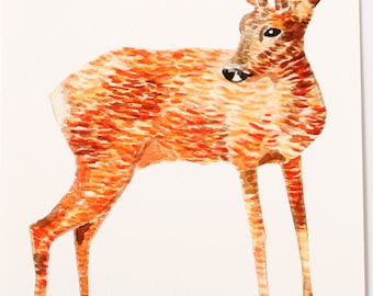 Bambi art print, Archival art print, Gift for her, Bambi illustration, Drawing bambi, Orange roe deer print, Wall decor deer Watercolor deer