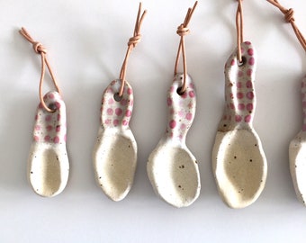 Clay spoons, Handmade spoons, Stoneware spoons, White Red pink Kitchen decor, Sugar spoons, Leather strip spoons, Farmhouse Cottage spoons