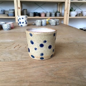 Ceramic little tumbler, Pottery gift, Pink beige cup, Handmade Coffee Gift for her, Farmhouse style cup, Unique beaker, Blue polka dots nr.6