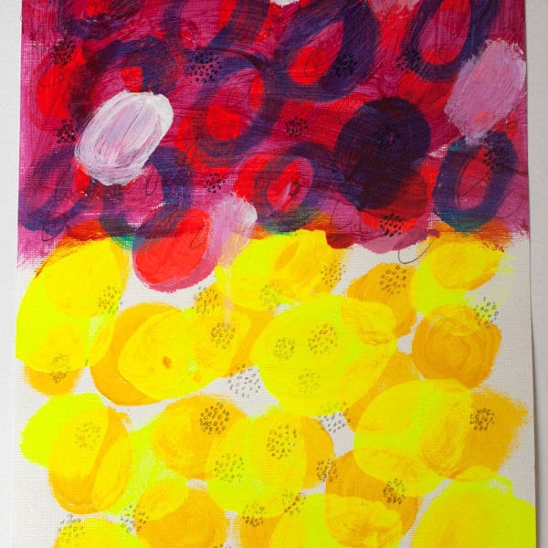 acrylic painting original on paper red sky mixed media fine art yellow