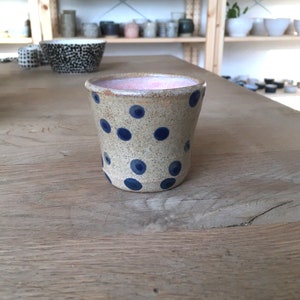 Ceramic little tumbler, Pottery gift, Pink beige cup, Handmade Coffee Gift for her, Farmhouse style cup, Unique beaker, Blue polka dots