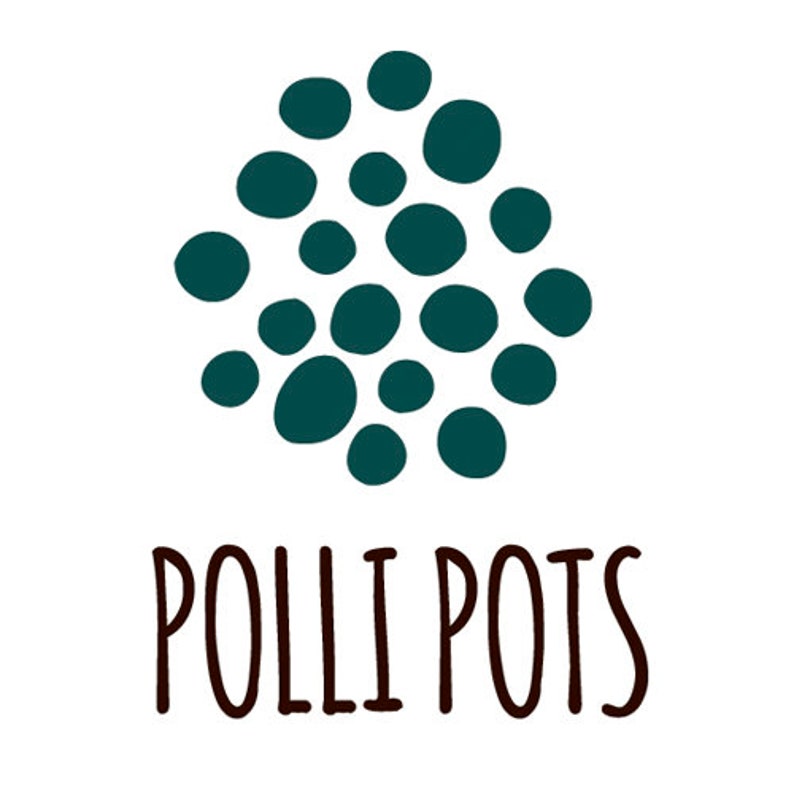 May include: A logo for a company called "Polli Pots" featuring a cluster of teal green dots in the shape of a cloud.