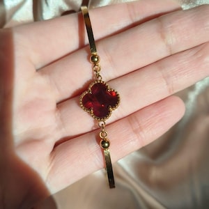 18k Gold Stainless Steel Clover Bracelet | Double-sided Red & Gold Four Leaf Clover Bracelet