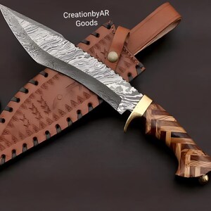Handmade Damascus Steel Knife with Exotic Wood Handle & Leather Sheath – Custom Bowie Knife for Hunting, Gifting, Collectors