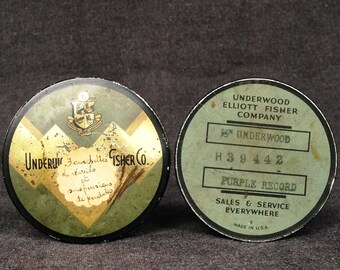 Underwood Elliott Fisher Company antique typewriter ribbon advertising rescued tin box. Office desk supply elegant container.