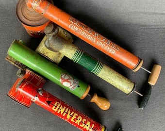 Vintage insecticide sprayer instant collection of 4. Retro rescued Fly Tox bug extermination tool series Hand spray gun display collectibles