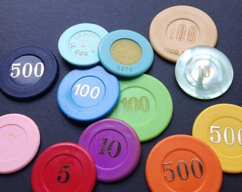 Vintage casino poker chips multicolor series. Retro collectibles money game assorted colors pieces. Instant collection of 12.
