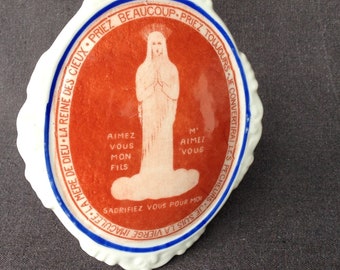 Antique religious French Virgin Mary Immaculate Conception prayer porcelain wall hanging. Precious devotional love praying icon.