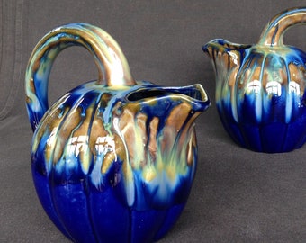 Retro indigo blue 1970s ceramic pitcher. Vintage modern collectible carafe jug. Last century home drinkware kitchen decor. PRICE FOR ONE