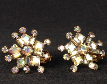 Vintage rhinestones star shaped clip on earrings. Sparkling shimmery iridescent elegant jewelry pair. Mother's day present gift idea.