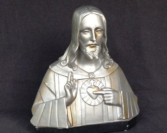 Vintage Superstar Jesus French Sacred Heart religious chalkware rock-and-roll bust statue. Pious collectible church kitsch statuary to pray