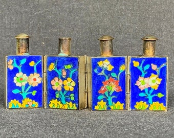 Antique Persian perfume articulated vials series. Precious miniature enamel painted bottles. Collector collectibles display souvenir.