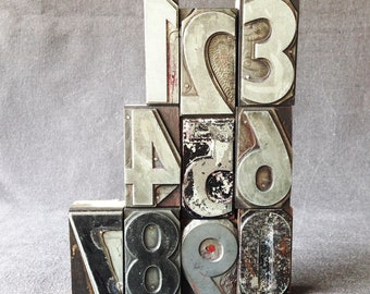 Vintage large rescued letterpress numeral blocks 0 to 9 series. Pick your numbers font. Price for ONE set.