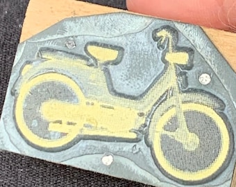 Vintage rescued moped motorcycle bike letterpress block. Retro printing supply material. Cyclomoteur fans and guys gift idea.