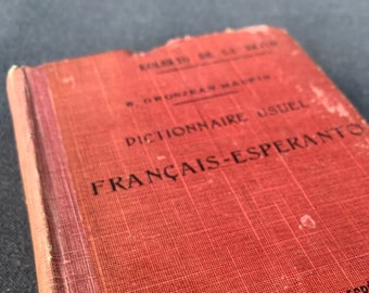 Vintage French-Esperanto 1914 dictionary. Rescued bilingual reference book from France. World War militaria memorabilia communication tool.