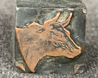 Antique teeny tiny cow letterpress block. Printer vintage rescued printing small supply.