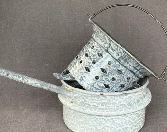 Vintage gray enamel pot and strainer colander. Antique cooking utensil. Kitchen cottage retro shabby chic farmhouse rescued cuisine decor.