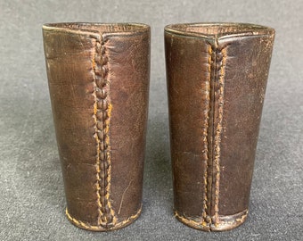 Retro brown leather used tumbler set of 2. Home office library decoration display. Guys vintage pencil container gift idea.