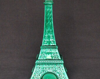 Eiffel Tower vintage musical green ceramic bottle. Rare souvenir from Paris France. Travel retro landmark French memorabilia gift.