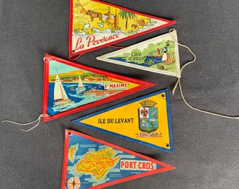 Vintage travel souvenir pennant instant collection. Voyage memorabilia home decoration. Retro flag escutcheons from France