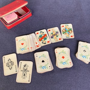 Antique mini playing cards. Two vintage assorted miniature decks. Retro collectibles board games paper ephemera for collage journaling.