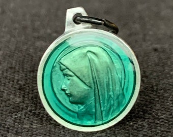 Vintage Virgin Mary religious medal green enamel pendant. Retro French pilgrimage souvenir memorabilia. Spirituality jewelry making supply