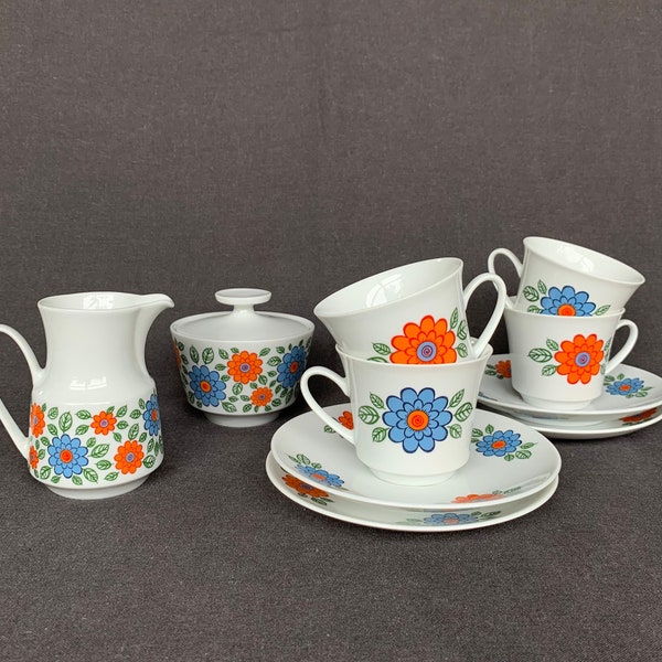 Retro coffee set of 4 cups and saucer milk jug and sugar pot. Seventies flower orange and blue design. Hippie folk home decor drinkware