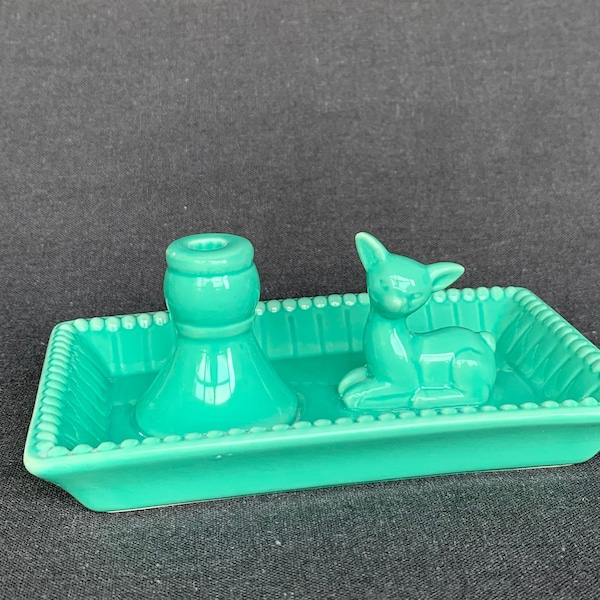 Retro turquoise pen holder. Cute fawn desk trinkets ceramic little tray. Vintage romantic home studio decoration.