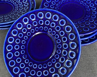 Vintage blue polka dots Rusalka ceramic dessert plate set of 8 Textured pattern side saucer series Retro mid century table setting gift idea