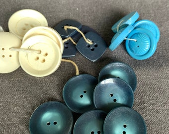Retro vintage rescued buttons series. Assorted collection of white and blue colors. Seamstress upcycling supply restock of 4 different sizes