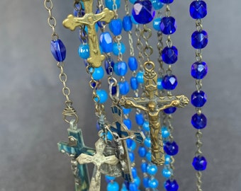 Vintage French rosary instant collection of 5 blue and turquoise series. Retro pious pilgrimage souvenirs from France. Praying beads charms.