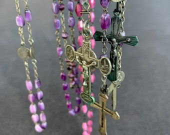 Vintage French rosary instant collection of 5 purple and mauve series. Retro pious pilgrimage souvenirs from France. Praying beads charms.