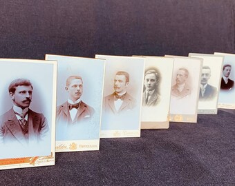 Antique gentlemen black and white cabinet photography series of 7. Collage rescued collectibles paper supply to display.