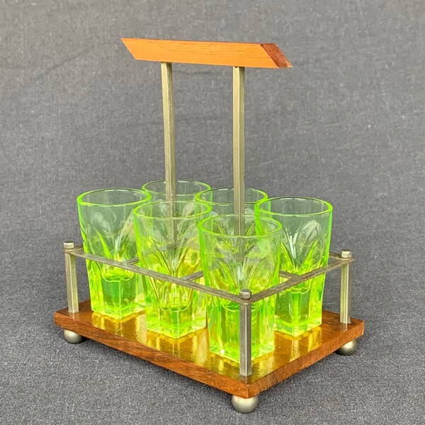 Green uranium shot glasses set of 6 on elegant stand. Vintage ouraline fluorescent precious barware gift idea. Retro vaseline collectibles.