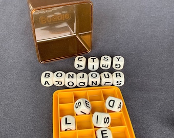 Boggle play with words. Vintage French letter dice game. Word spelling supply. Retro kids learning gift idea. Mixed media jewelry supplies.