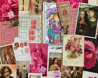 Antique pink rescued paper inspiration pack. Collage, mixed media, mail art supply retro ephemera. Postcard religious souvenir letter bills