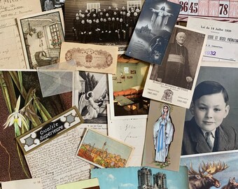 Antique beige brown rescued paper inspiration pack. Collage mixed media mail art supply retro ephemera. Old photos souvenirs letters chromos