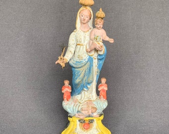 French antique terracotta Santibelli figurine. Religious Provencal Virgin with Child devotional statue. Praying altar shrine retro display.