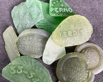 Mediterranean green textured sea glass pieces. South of France French Riviera vacations memorabilia souvenir. Mixed media craft supply