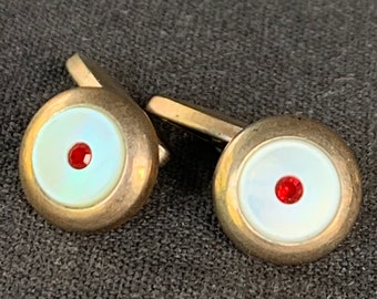 Elegant white with a red polka dot cufflinks pair. Stunning gift idea for guys. Jewelry making vintage golden supply to be upcycled.