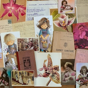 Antikes rosa gerettetes Papier Inspiration Pack. Collage, Mischtechnik, Mail-Art-Versorgung Retro-Ephemera. Postkarte religiöser Andenken Brief Geldscheine