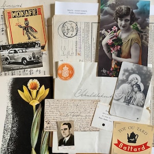 Pacchetto di ispirazione per carta antica salvata Collage di supporti misti per la fornitura di arte postale retrò effimeri. Vecchie foto, souvenir religiosi, lettere, cromosomi