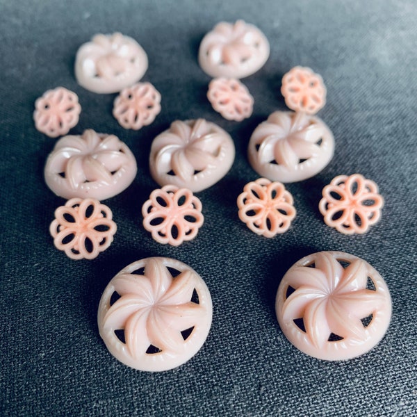 Vintage light pink plastic buttons set of 15. Rescued retro supply. Seamstress collectibles gift idea. Seventies fashion maker supplies