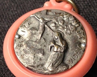 Antique Santa Rita da Cascia relics. Pious devotional Saint ooak religious medal pendant. Praying Agnus Dei protection amulet.