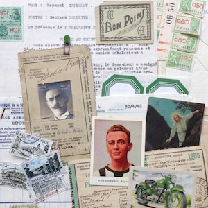 DESTOCK RABATT Antike gerettete Papierschnipsel grün beige Inspirationspackung. Retro Collage Quittung Andenken Notizen Bilder alte Briefe