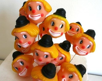 Fun clown faces vintage cake topper. Kids party table setting supply. Birthday fun retro home decoration