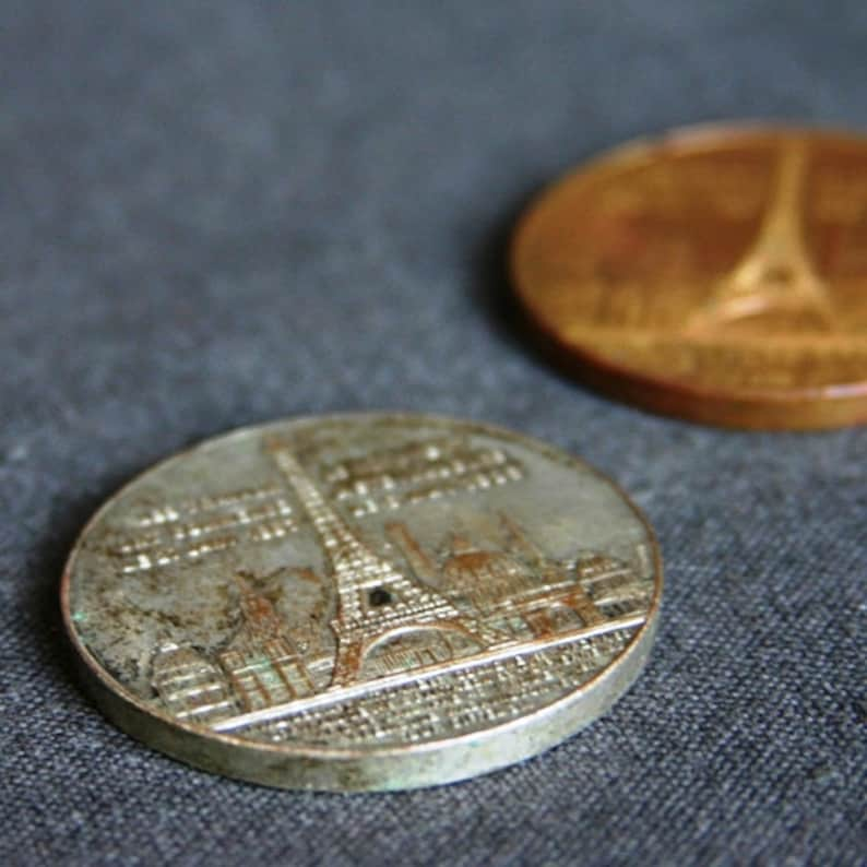 French commemorative souvenir from the Eiffel Tower in Paris. 1889 antique landmark memorabilia silvery medal. France 19th century vacations image 4