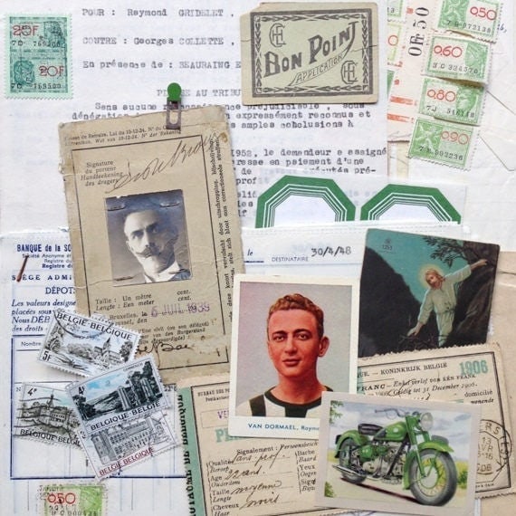 DESTOCK DISCOUNT Antique rescued paper scraps green  beige inspiration pack. Retro collage supply receipt souvenir notes images old letters