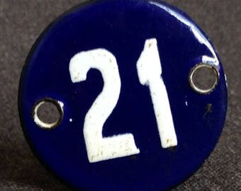 Vintage 21 blue enamel number plate. Antique round token birthday souvenir gift. Lucky numbered pendant jewelry mixed media making supply.